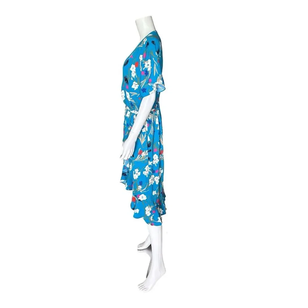 J Crew Mercantile Faux Wrap Midi Dress Womens Large Blue Floral Flutter Sleeve